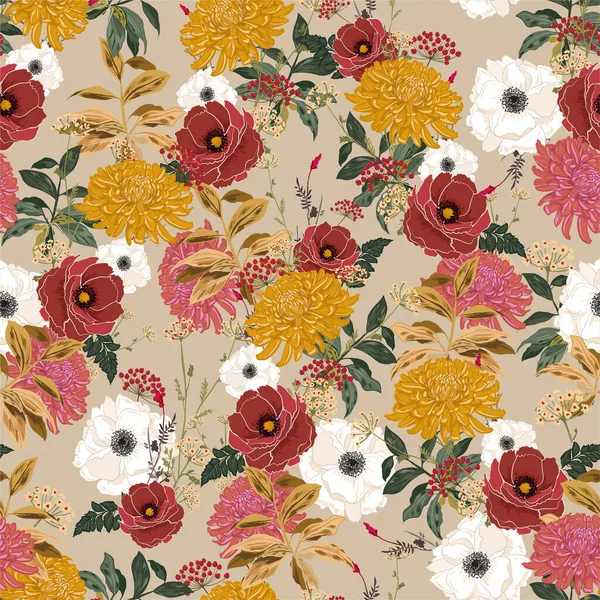 Patrón Flores Retro Floreciente Muchos Tipo Florales Motivos Botánicos Textura — Vector de stock