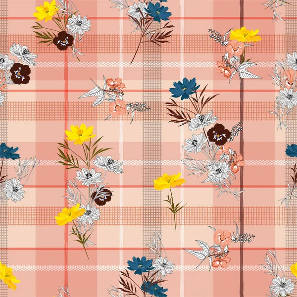 Stilvolle Süße Vintage Wiesenblumen Auf Handgezeichnetem Window Tartan Karo Oder — Stockvektor