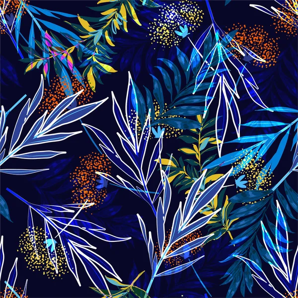 Feuillage Coloré Nuit Tropicale Sombre Motif Sans Couture Dans Forêt — Image vectorielle
