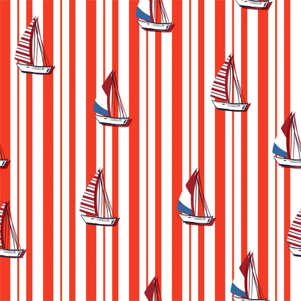 Seamless Summer Sea Ocean Pattern Sailing Ships Red Striped Background — Stock Vector