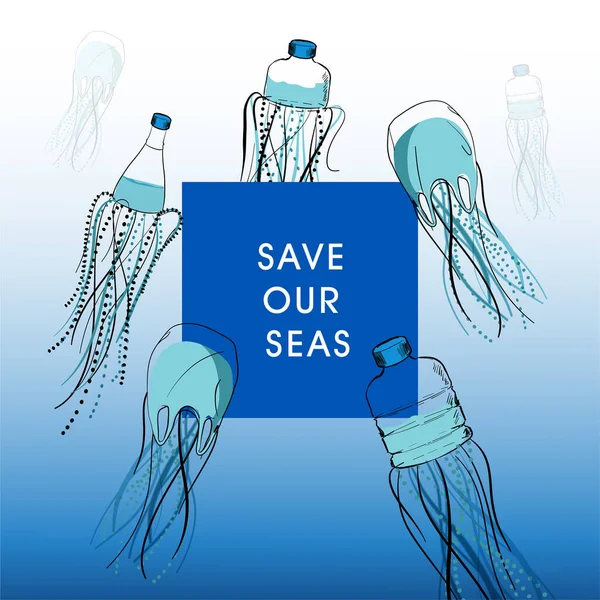 Ručně Kreslené Želé Ryby Lahví Plastových Sáčků Oceánu Zněním Zachraňte — Stockový vektor
