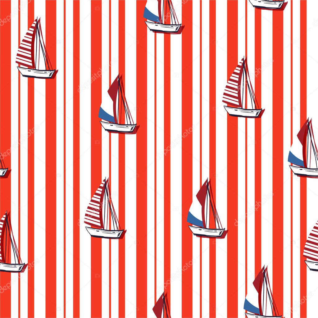 Seamless summer sea and ocean pattern with sailing ships  with red striped background. Nautical pattern