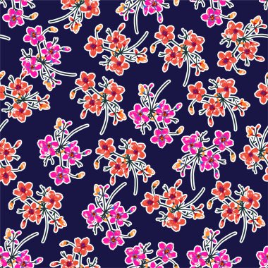 Güzel çiçek deseni. Botanik motifleri rastgele dağılmış. Kusursuz vektör dokusu. Moda baskıları için. Donanma mavisi arkaplan renginde elle çizilmiş yazdırma