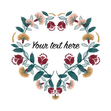 Davetiye kalp çerçevesi ayarlandı; Boho çiçekleri, yapraklar, vektör, izole edilmiş. Çizilmiş çelenk, beyaz arkaplan renginde tüm grafik tipleri için tasarım.