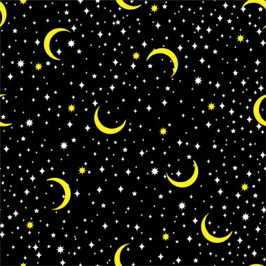 Gece gökyüzü ay ve bulut uzayı, yıldızlar arasında kusursuz desen vektörü, moda, kumaş, ağ, duvar kağıdı, ambalaj ve siyah arkaplan rengi üzerindeki tüm baskılar için dizayn