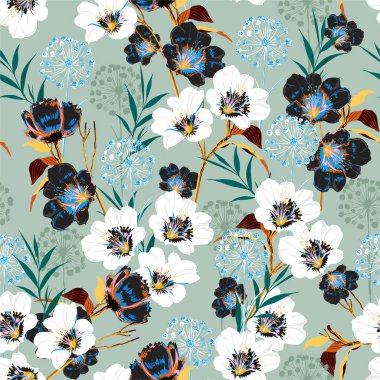 Çiçek çiçeği desenli, çiçek açan bir çok çeşit botanik motif taşıyıcısı. Kusursuz vektör dokusu. Moda baskıları için tasarım. Açık yeşil arkaplan renginde el çizimi biçimi