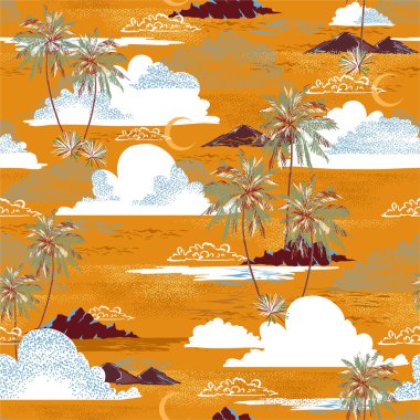Hawaiian island ocean vibes, palm tree, mountain ,sea waves moon and clouds in yellow summer background seamless pattern.Design for all prints and graphic type vector