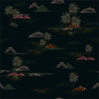 Hawaiian night island ocean vibes, palm tree, mountain ,sea waves moon and clouds in yellow summer background seamless pattern.Design for all prints and graphic type on dark green background. vector