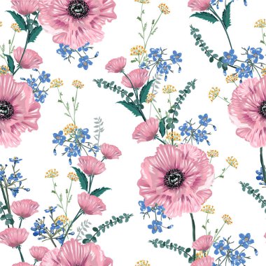 Çiçek açan pembe gelincik çiçekleri ve çiçek desensiz desenli el çizimi, moda, kumaş, duvar kâğıdı ve beyaz üzerine tüm baskılar. 