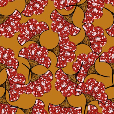 Kusursuz desenli gingko yaprakları rüzgarda uçuşan Afrika baskıları moda, kumaş, ambalaj, duvar kâğıdı ve retro sarısındaki tüm baskılarla doludur. 