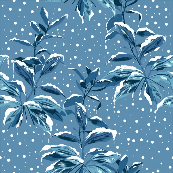 Paletti Botanici Blu Monotono Con Motivo Neve Inverno Umore Senza — Vettoriale Stock