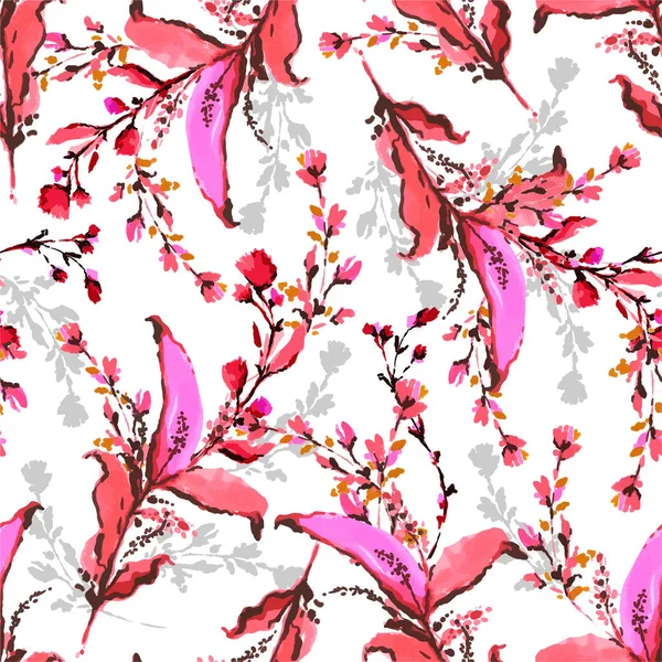 Sweet Stylish Blooming Wild Flowers Hand Drawn Monotone Pink Color — стоковый вектор