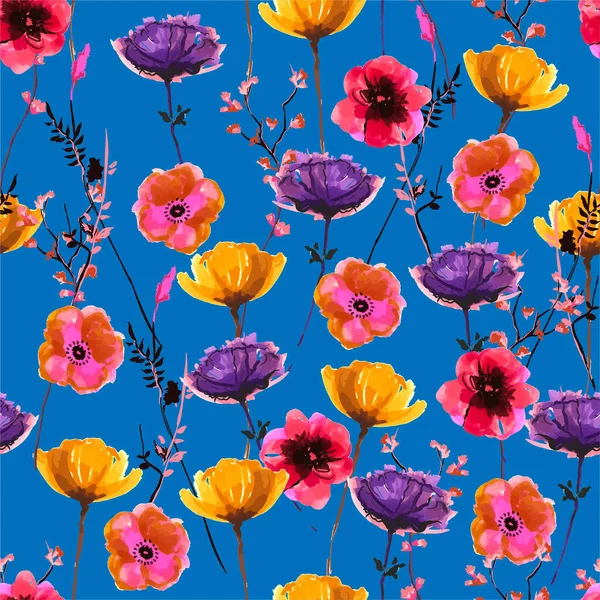 Verano Brillante Floración Colorida Muchos Tipos Flores Silvestres Pluma Marcador — Vector de stock