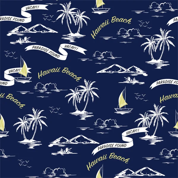 モノトーンブルー夏レトロな黄色のテキストと美しいシームレスな島のパターンのコントラスト ヤシの木 ビーチ ハイビスカスの花 山と海のベクトル手で風景濃い海の青の背景に描かれたスタイル — ストックベクタ