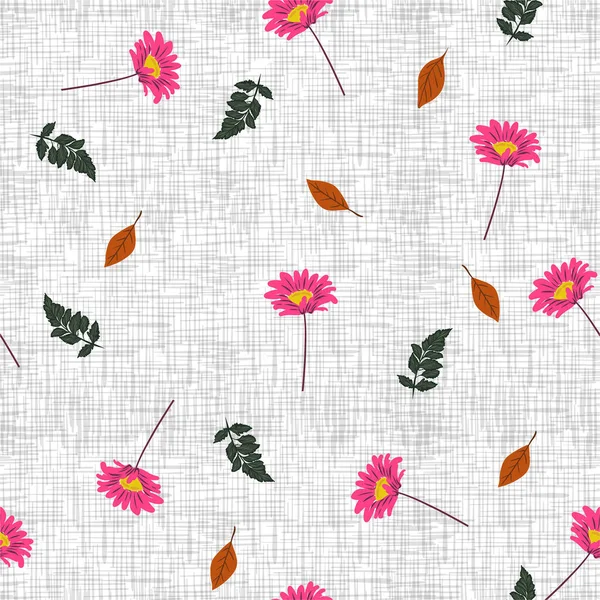Blazende Schokkende Roze Madeliefje Bloemen Bladeren Witte Textuur Naadloze Patroon — Stockvector