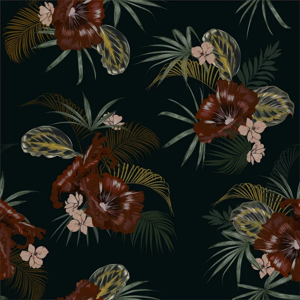 Bonito Vintage Tropical Escuro Com Plantas Completas Exóticas Noite Design —  Vetores de Stock