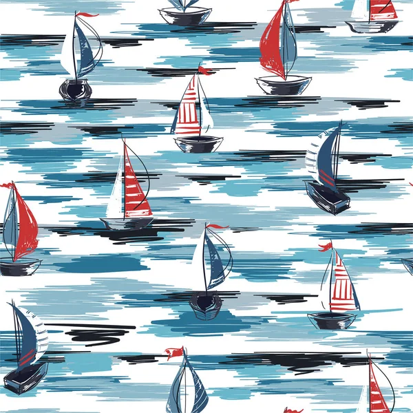 Красива Ручна Пензлик Літній Човен Корабель Океані Безшовний Візерунок Вектор — стоковий вектор
