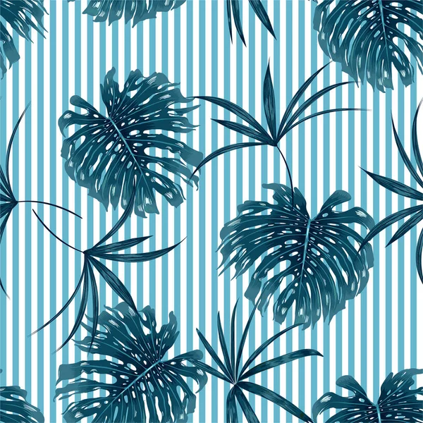 时尚的夏季海军蓝色热带森林在天蓝色条纹无缝图案上为筋膜面料 卡片等留下了明亮的色彩 — 图库矢量图片