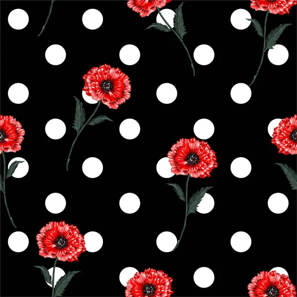 Red Blooming Poppy Flowers Seamless Pattern White Polka Dots Black — Stockvektor