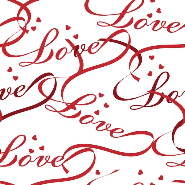 Love Typo Wording Red Ribbon Small Heart Seamless Patternin Vector — Stock Vector