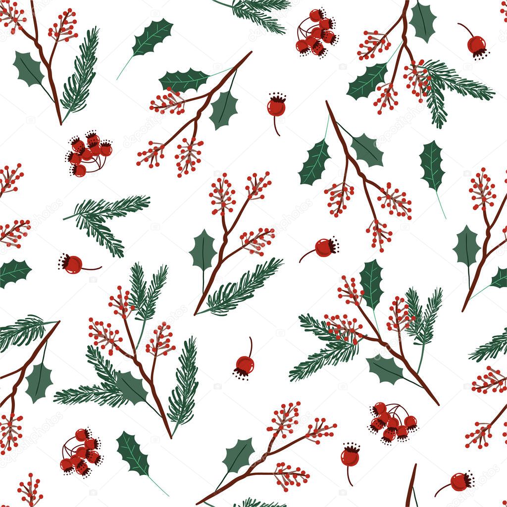 Holiday seamless vector green and red colors pattern with leaves and berries for Christmas seasonal, Design for fashion, wrapping,wallpaper and all prints on white background color