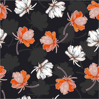 Siyah monoton arkaplan renginde güzel açan çiçekler kusursuz desenli oin vektörü EPS10 Moda, kumaş, ağ, duvar kağıdı, ambalaj ve tüm baskılar için tasarım 