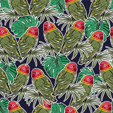 Tropikal palmiye yapraklı güzel papağan kuşları kusursuz desenli taşıyıcı EPS10 yoğunluğu tekrar eder. Moda, kumaş, ağ, duvar kağıdı, ambalaj, kapak ve koyu lacivert arkaplan üzerine tüm grafik türleri için tasarım.