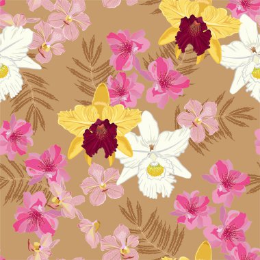 Orkide çiçeği ve birçok çiçek açan, dikdörtgen vektör desenli arka plan yaprakları, botanik duvar kâğıdı çizimleri, klasik tarzda