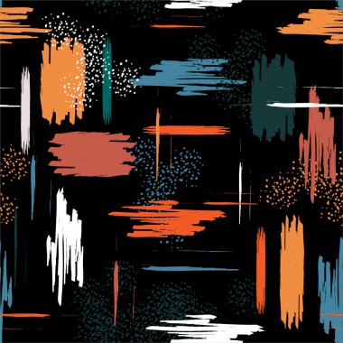 Renkli yüksek kontrastlı fırça darbesi elementleri EOPS10 vektöründe kusursuz desen. Modern sanat dekorasyonu. Moda, kumaş, ağ, duvar kağıdı, ambalaj ve siyah üzerine tüm baskılar için tasarım..