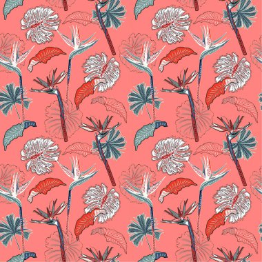 Güzel, egzotik tropikal yapraklar, el yapımı, stil desensiz EPS10, moda, kumaş, ağ, duvar kağıdı, ambalaj kağıdı ve açık pembe arkaplan rengi üzerindeki tüm baskılar için dizayn edilmiş.