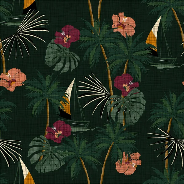 Île Tropicale Rétro Avec Imprimé Floral Hibiscus Variété Palmiers Jungle — Image vectorielle