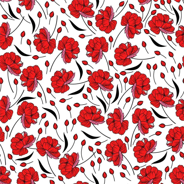 Rot Blühendes Blumenmuster Botanische Motive Zufällig Verstreut Nahtlose Vektortextur Für — Stockvektor