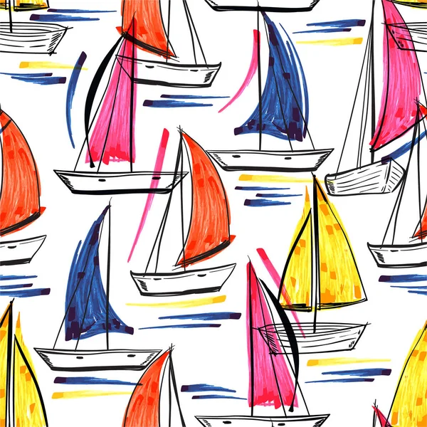 Lindo Traço Escova Desenhado Mão Navio Windsurf Barco Nas Vibrações —  Vetores de Stock