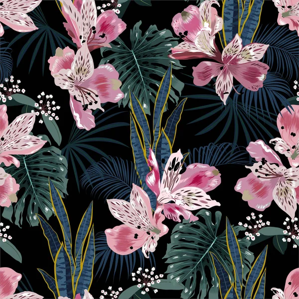 Trendy Vector Seamless Dark Tropical Pattern Blooming Flowers Exotic Foliage — Stock Vector