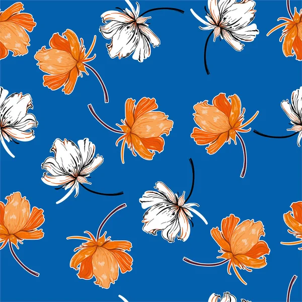 Handgezeichnete Skizzierte Blume Weht Winddruck Frischen Blauen Farben Nahtlosen Musterhintergrund — Stockvektor