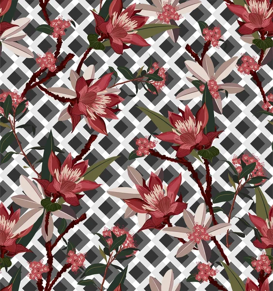 复古红花和叶子在几何3D形状纹理无缝图案矢量Eps10上的样式 包装和所有印刷品的设计 — 图库矢量图片