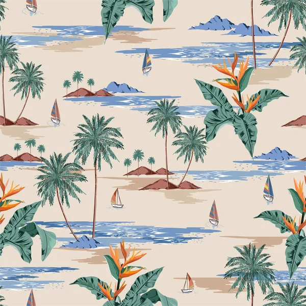 Patrón Isla Tropical Sin Costuras Retro Sobre Fondo Beige Claro — Vector de stock