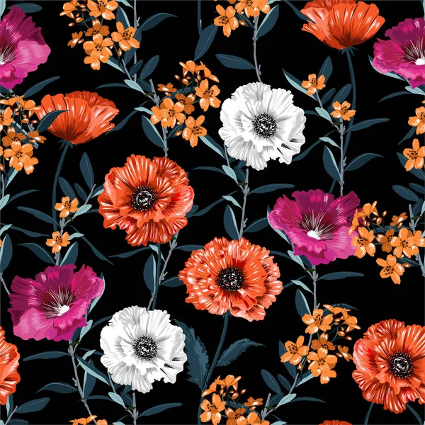 Beautiful Blooming Garden Flowers Night Seamless Pattern Vector Hand Drwan — стоковый вектор