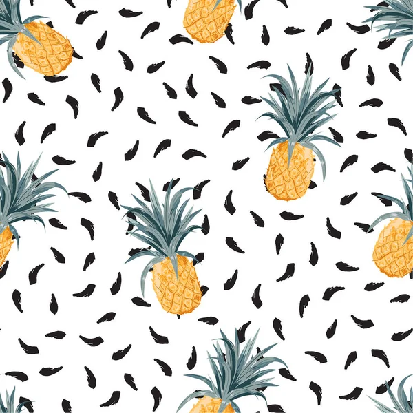 Summer Pineapple Pennellate Nere Mano Vettoriale Modello Senza Cuciture Eps10 — Vettoriale Stock