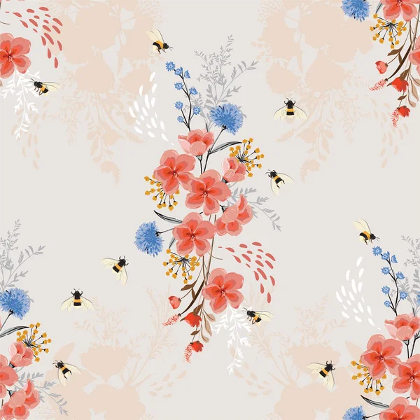 Soft Gentle Elegant Seamless Floral Garden Flower Pattern Bees Hand — стоковый вектор