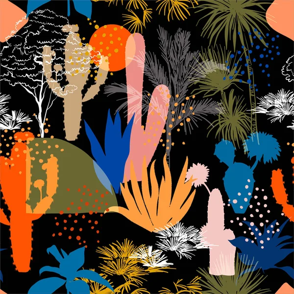 Kleurrijk Van Naadloos Patroon Met Cactus Bomen Planten Vetplanten Moderne — Stockvector