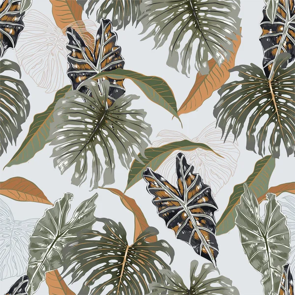 美丽的老式热带异国情调的树叶 植物和植物无缝图案插图矢量Eps10 包装材料 封面和所有白色底色的印刷品的设计 — 图库矢量图片