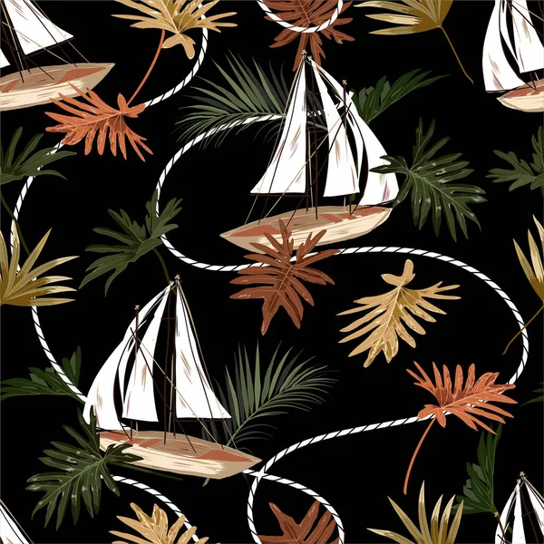 暗い熱帯の葉 ボート シームレスなパターンベクターEps10手描きスタイル ファッション ファブリック ウェブ ラッピング テキスタイル 黒のすべてのプリントのためのデザイン — ストックベクタ