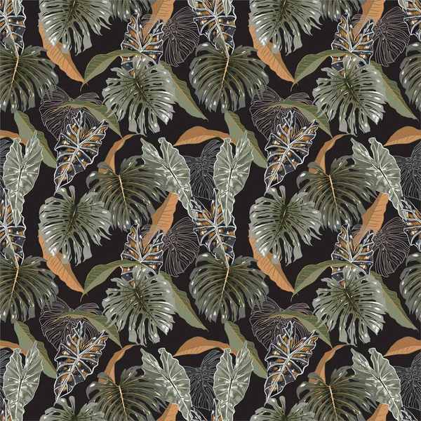 Belles Feuilles Exotiques Tropicales Sombres Vintage Plantes Motif Botanique Sans — Image vectorielle