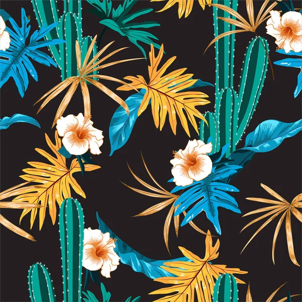 Vacker Mörk Tropisk Med Kaktus Hibiaskus Blomma Och Exotisk Djungel — Stock vektor