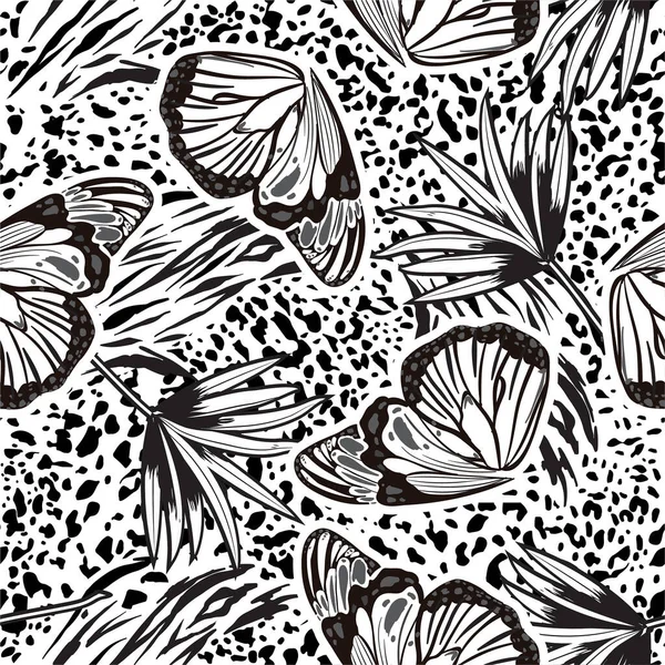 Black and white hand sketch butterflies flying blending with animal leopard skin ,tropicla leaves seamless pattern ,vector EPS 10 design for fashion,fabric,wallpaper,and all prints modern style