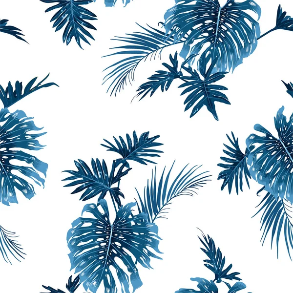 Indigo Bleu Motif Vectoriel Feuilles Tropicales Dessinées Main Sans Couture — Image vectorielle