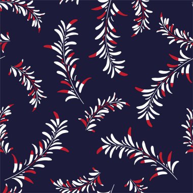 Palmiye eğreltiotunun pürüzsüz deseni, yaprakların yaprakları, beyaz ve kırmızı yapraklar, EPS10 vektöründe tropikal bitki el çizimi, moda, kumaş, tekstil, ambalaj, duvar kağıdı ve koyu mavi üzerindeki tüm baskılar.