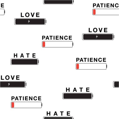 Pil şarjında komik duygu sembolü, Sevgi, Nefret, Merhamet, Pil farklılıkları, Moda, kumaş, ağ, tekstil, duvar kâğıdı, ambalaj ve beyaz arkaplan renklerindeki tüm baskılar