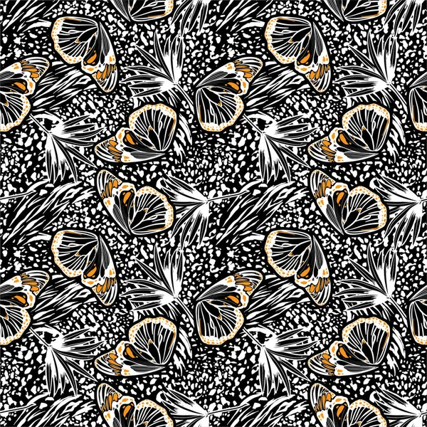 Trendy hand sketch butterflies flying blending with animal leopard skin ,tropicla leaves seamless pattern ,vector EPS 10 design for fashion,fabric,wallpaper,and all prints on black